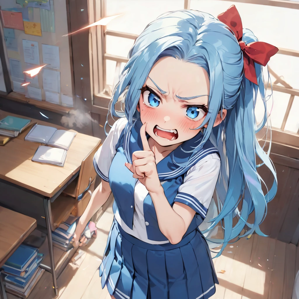 (Tsundere mode) (15 yo, solo forehead blue hair long hair cute girl, lovely blue eyes, angry face, pink lip open mouth), break, (in a summer school sailor suit, red ribbon, skirt), (index finger raised), BREAK, perfect anatomy, masterpiece, best quality, 16k, beautiful detailed grow, daydreaming expression.