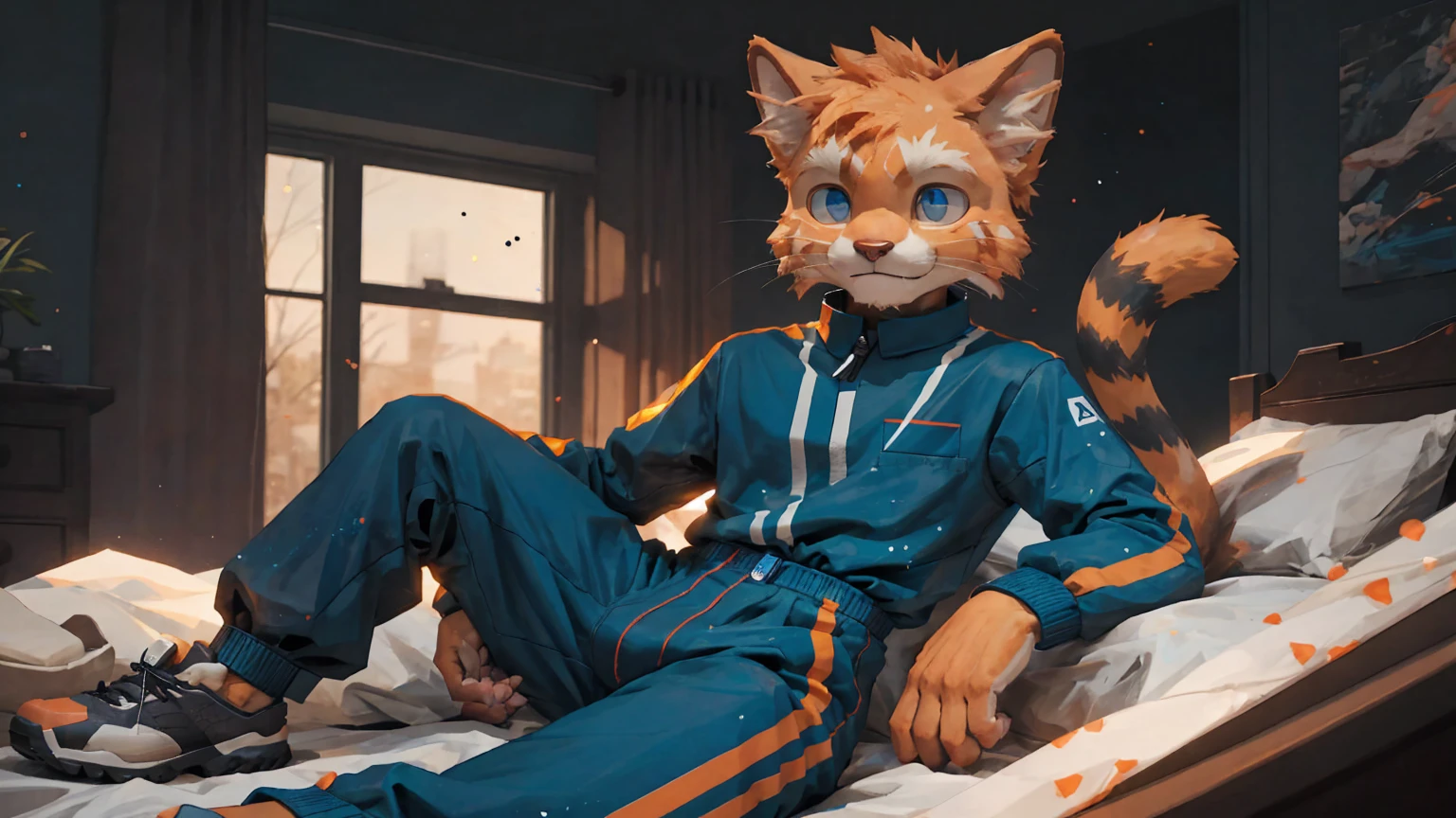 masterpiece,Official Art,hairy,male,Shota,Anthropomorphic orange cat,Delicate face,blue eyes,No hair, Animal jumpsuits, bedroom, sit, Comfortable room, Depth of Field, Perfect lighting, Light Particles,(best quality),(masterpiece),(Extremely detailed),Clear focus,Light Particles.