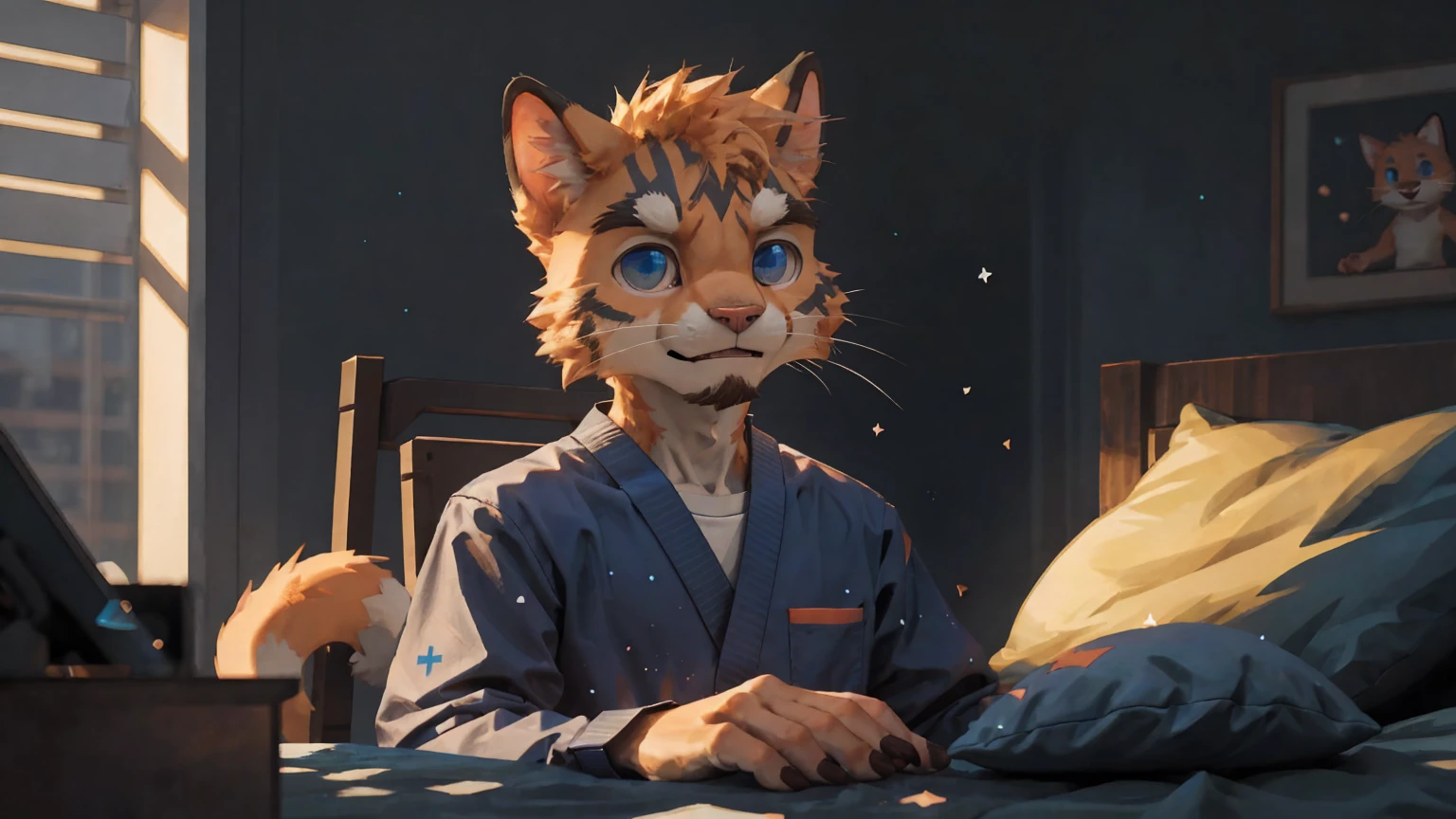 masterpiece,Official Art,hairy,male,Shota,Anthropomorphic orange cat,Delicate face,blue eyes,No hair, Animal jumpsuits, bedroom, sit, Comfortable room, Depth of Field, Perfect lighting, Light Particles,(best quality),(masterpiece),(Extremely detailed),Clear focus,Light Particles.
