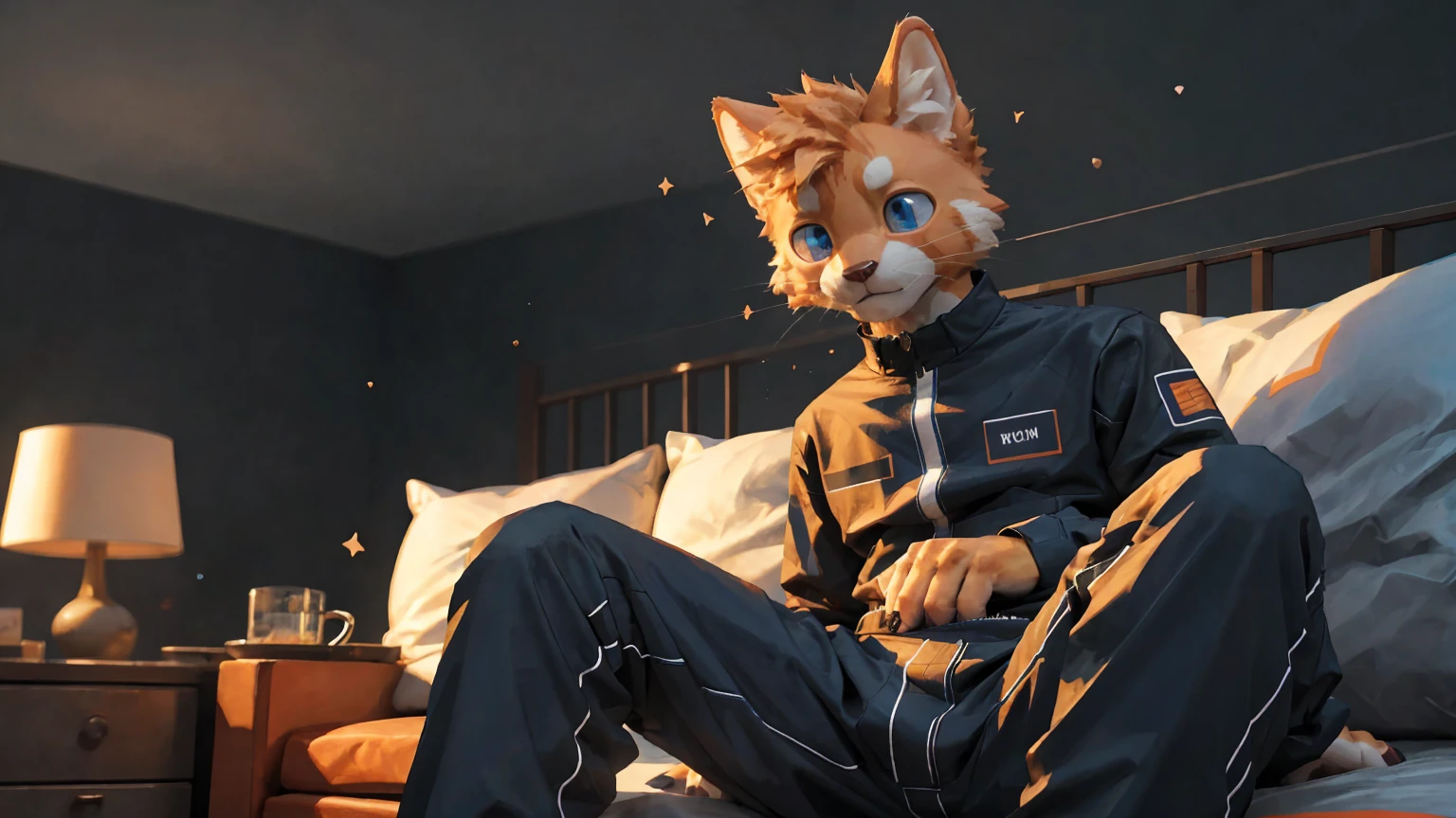 masterpiece,Official Art,hairy,male,Shota,Anthropomorphic orange cat,Delicate face,blue eyes,No hair, Animal jumpsuits, bedroom, sit, Comfortable room, Depth of Field, Perfect lighting, Light Particles,(best quality),(masterpiece),(Extremely detailed),Clear focus,Light Particles.