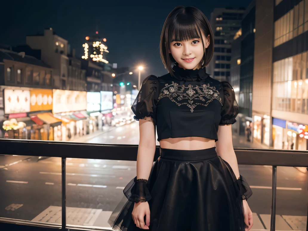 (8K, RAW Photos:1.2), Detailed face and eyes,最high quality, Ultra-high resolution, Very detailed ,Intricate details ,Tabletop ,pretty girl ,Round eyes、 Soft cinematic light, Hyper Detail,Sharp focus, high quality, Brown Hair,((Bobcut))、(Straight bangs)、City of night、Night view、 ((Black Crop Top))、((Black tulle skirt))、”dwarf”、(Full Body Shot)、Waist、(I can see your thighs)、Cowboy Shot、Smile、Floral clothes、Clothes with short sleeves、Large Breasts、