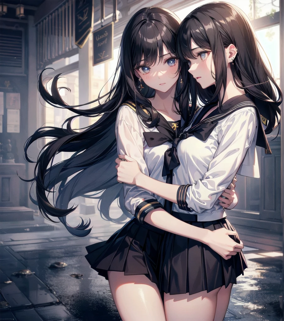 absurdres, RAW photo, extremely delicate and beautiful, masterpiece, Best Quality, ultra high resolution, 32k, hyperrealistic, ultra-detailed, Very detailed CG 8k wallpaper, Beautiful Lighting, Perfect Lightning, Realistic Shadows, perfect anatomy, super Detailed skin, perfect figure, Japanese woman, late 20s, very Slim body, narrow waist, very small head, handsome detailed woman, very detailed eyes and face, realistic face proportions, Stunning detailed eyes, Realistic beautiful face, very small face, Realistic small beautiful eyes, tearful mole, earring, beautiful and very thin legs, beautiful and very thin thighs, very huge round breasts, medium hair, black hair, (full body shot), (2girls:1.5), (yuri:1.5), (sailor uniform:1.5),