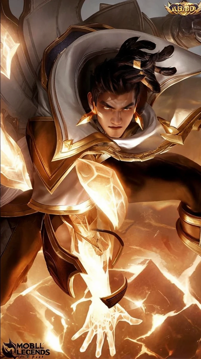 Realistic portrait of a handsome Mobile Legends character with perfectly sculpted features, vibrant expressions, and lifelike textures.