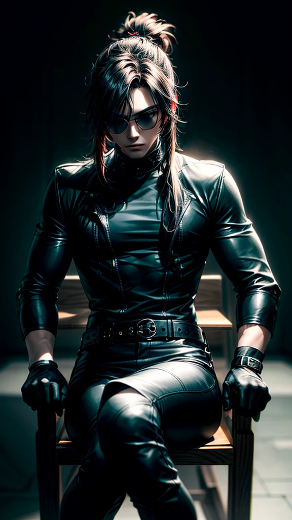 a stylish korean man with long hair tied in bun, wearing black round sunglasses, black leather gloves, dark clothing, sitting on a chair in a dark environment, dynamic point of view, best quality, ultra-detailed, photorealistic, vivid colors, dramatic lighting, chiaroscuro, dark and moody atmosphere, masculine, charismatic, punk style