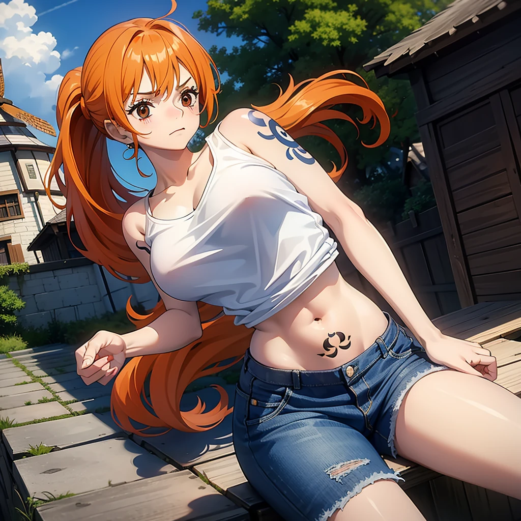 Cute  s,round and brown eyes、Orange hair color、no-bra、Medium Long Straight Hairstyles、Tight stomach、Tattoo of a windmill on the left shoulder、Wearing a white T-shirt、Wearing denim、embarrassed from, ponytail 