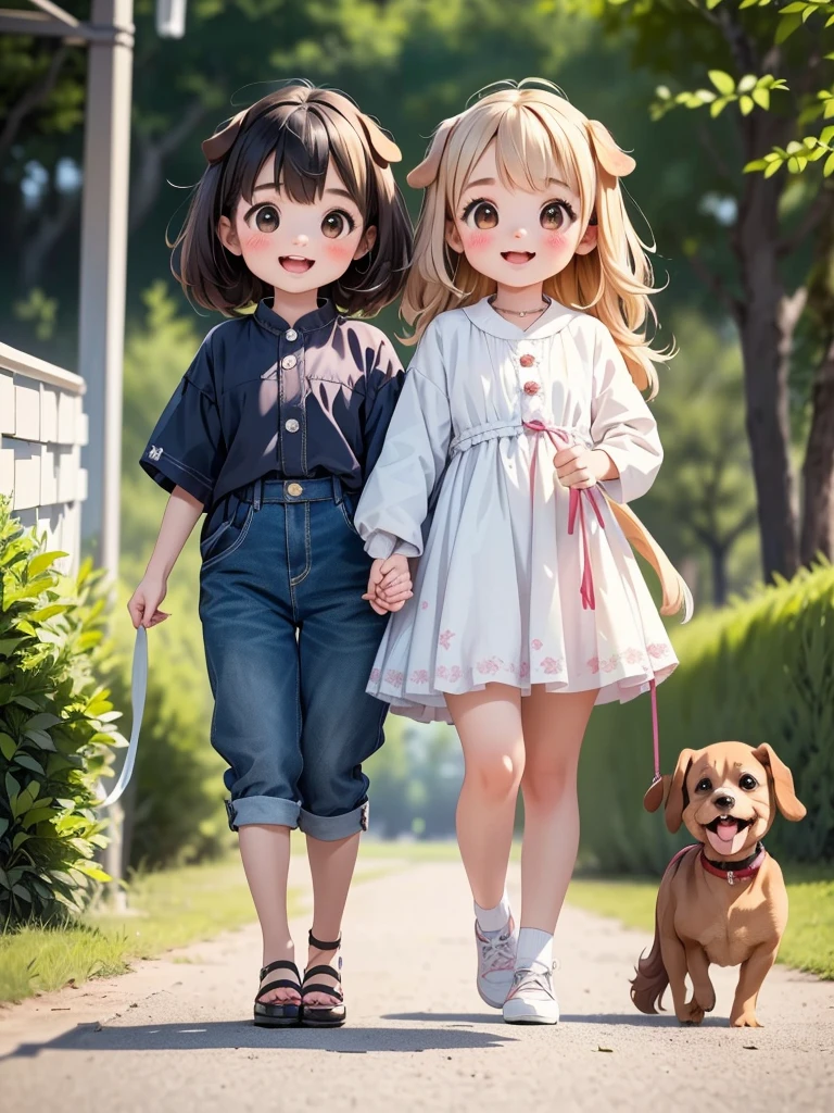 Two Girls、Very close sisters、Walk hand in hand、Having fun and being excited、Both of them are skipping、Happy smile、Walking side by side with your dog、Watching the audience、((Quadrupedal dog))、(A big dog, the same size as her sisters:1.5)、Bushy-haired dog、A friendly dog with white fur、Samoyed、