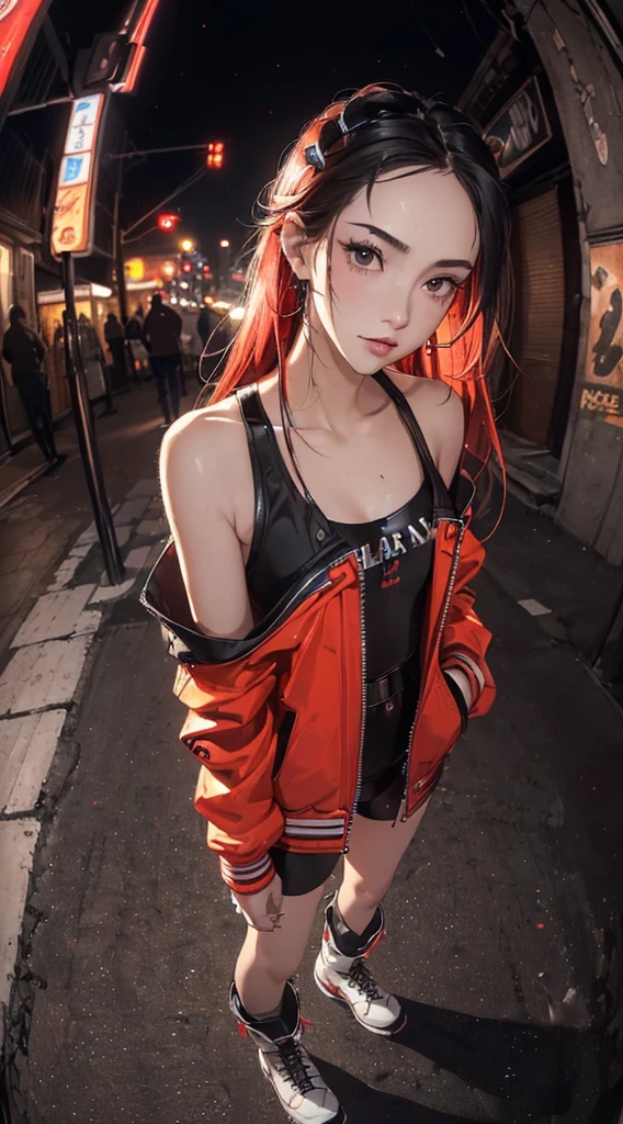(((8k wallpaper of extremely detailed CG unit:1.2, masterpiece, hight resolution:1.2, top-quality:1.2, masutepiece))), ((a very beautiful woman, Hands in pockets:1.8, Street fashion:1.2, wearing a colorful jacket:1.2, Wearing boots)), ((extra detailed face, Highly detailed black eyes, extra detailed body, Top quality real texture skins)), (Red Straight Hair:1.2, de pele branca, Small, exposed shoulder), ((Empty alley, Mileland. natta, Neon Street)), (high-angle, a closeup, Fisheye:1.3), hyper realisitic, digitial painting,