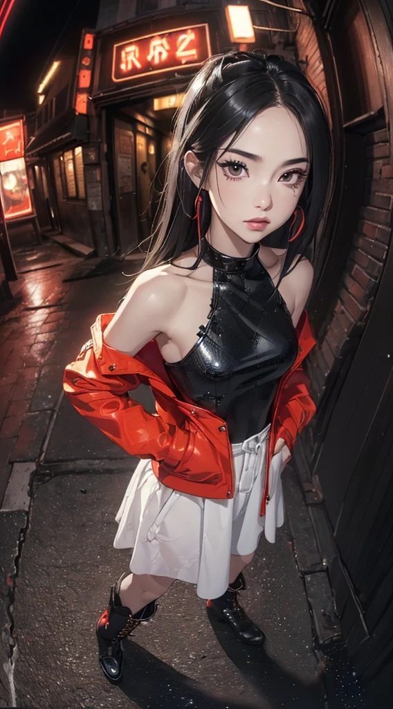 (((8k wallpaper of extremely detailed CG unit:1.2, ​masterpiece, hight resolution:1.2, top-quality:1.2, masutepiece))), ((a very beautiful woman, Hands in pockets:1.8, Street fashion:1.2, wearing a colorful jacket:1.2, Wearing boots)), ((extra detailed face, Highly detailed black eyes, extra detailed body, Top quality real texture skins)), (Red Straight Hair:1.2, de pele branca, Small, exposed shoulder), ((Empty alley, Mileland. natta, Neon Street)), (high-angle, a closeup, Fisheye:1.3), hyper realisitic, digitial painting,