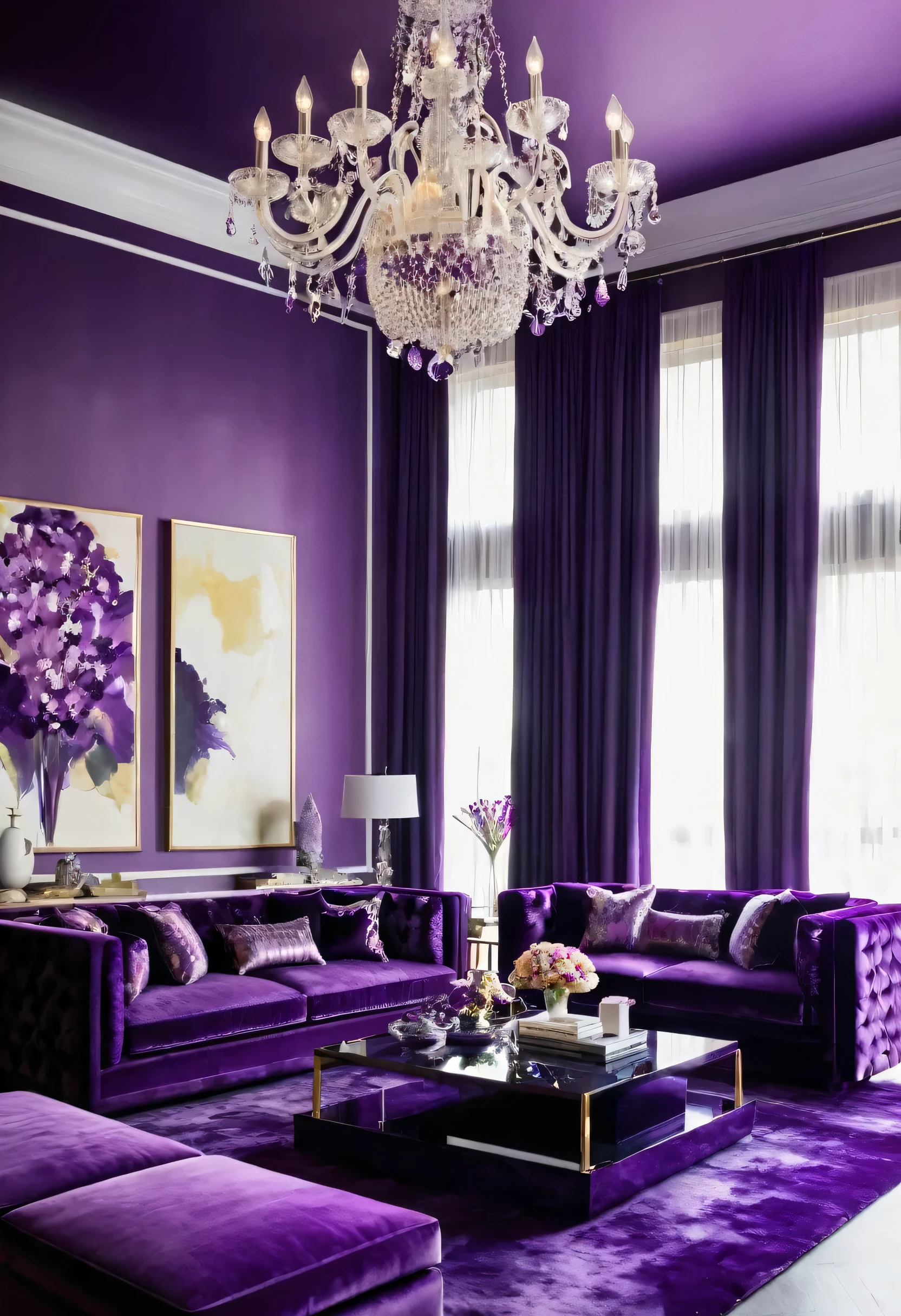 A vibrant living room, awash in shades of purple, exudes a sense of bold elegance. The plush velvet sofas, accented with delicate floral patterns, invite relaxation, while the sleek, modern coffee table and the shimmering crystal chandelier add a touch of sophistication.