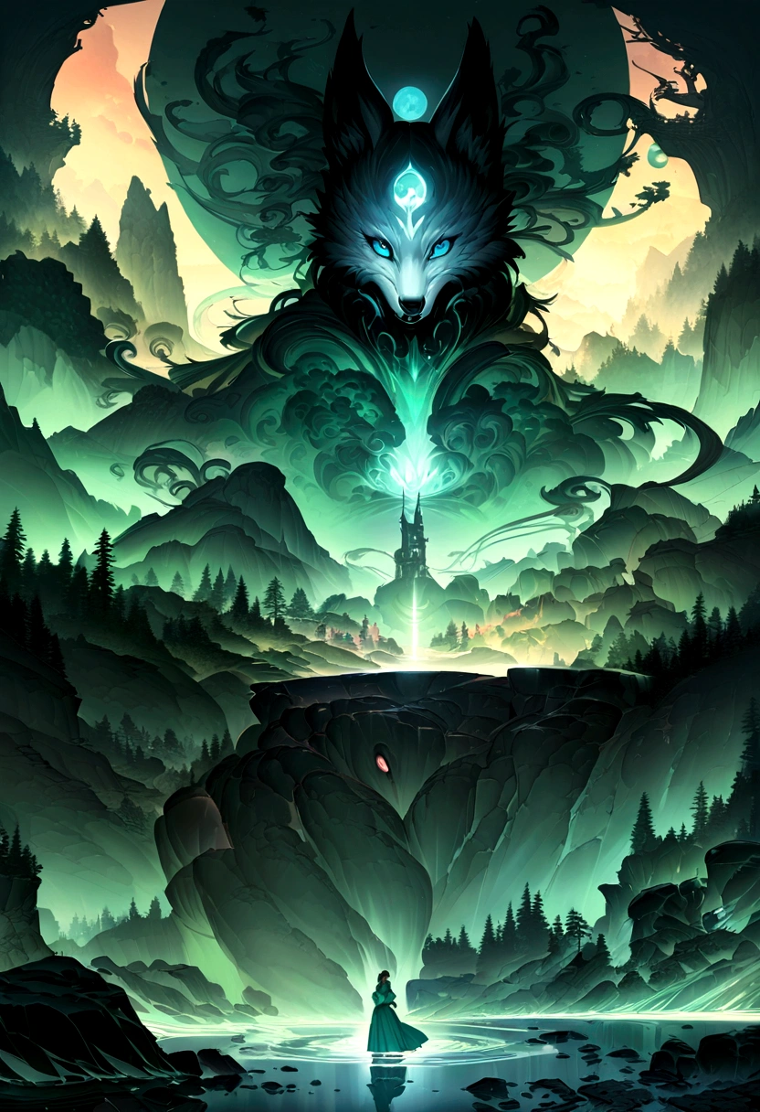 art:Aaron Horkey, , , Ultra-high resolution, 32k, 1 Japanese Women、Sharp focus, Luminism, Exquisite oil painting, moon, Detailed Sky, Large and highly detailed dark wolf, Anat Finstark . Detailed landscape, The aesthetics of the story of the North, Dynamic Movement, Large reflective eyes, forest,burn, Swirling leaves, Emerald Mist, Mysterious, Complex背景, Dynamic Lighting, Light, Complexポーズ, Very finely crafted, Complex, Baroque, Hudson River School, Thomas Cole, Tabletop