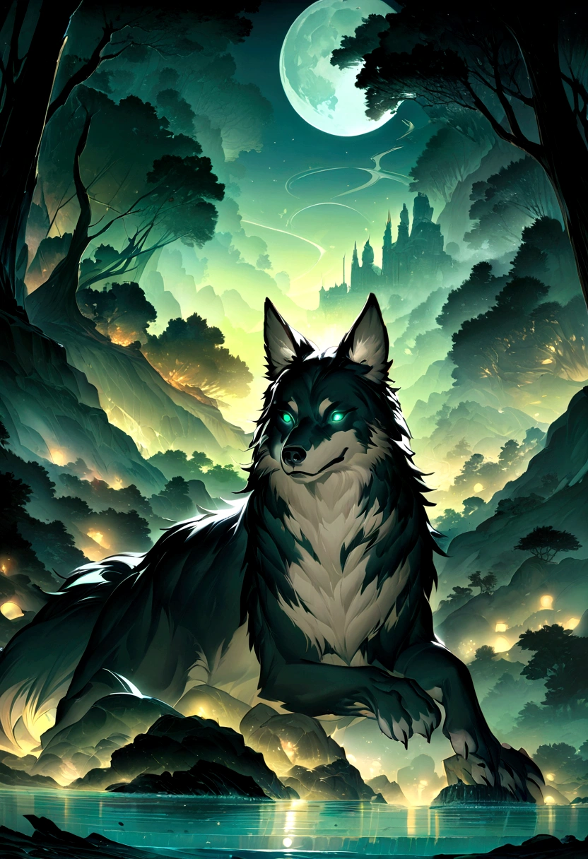 art:Aaron Horkey, , , Ultra-high resolution, 32k, 1 Japanese Women、Sharp focus, Luminism, Exquisite oil painting, moon, Detailed Sky, Large and highly detailed dark wolf, Anat Finstark . Detailed landscape, The aesthetics of the story of the North, Dynamic Movement, Large reflective eyes, forest,burn, Swirling leaves, Emerald Mist, Mysterious, Complex背景, Dynamic Lighting, Light, Complexポーズ, Very finely crafted, Complex, Baroque, Hudson River School, Thomas Cole, Tabletop