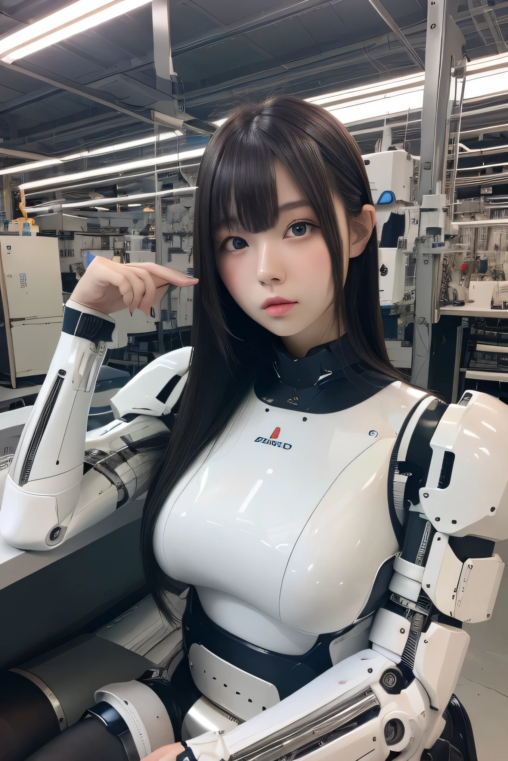 masterpiece, best quality, extremely detailed, Japanese android girl,Plump ,control panels,robot arms,robot,android,cyborg,white robot body,ceramic body,perfect robotgirl,blunt bangs,robot repair plant,chubby,pantyhose,platform sneaker,blue eyes,