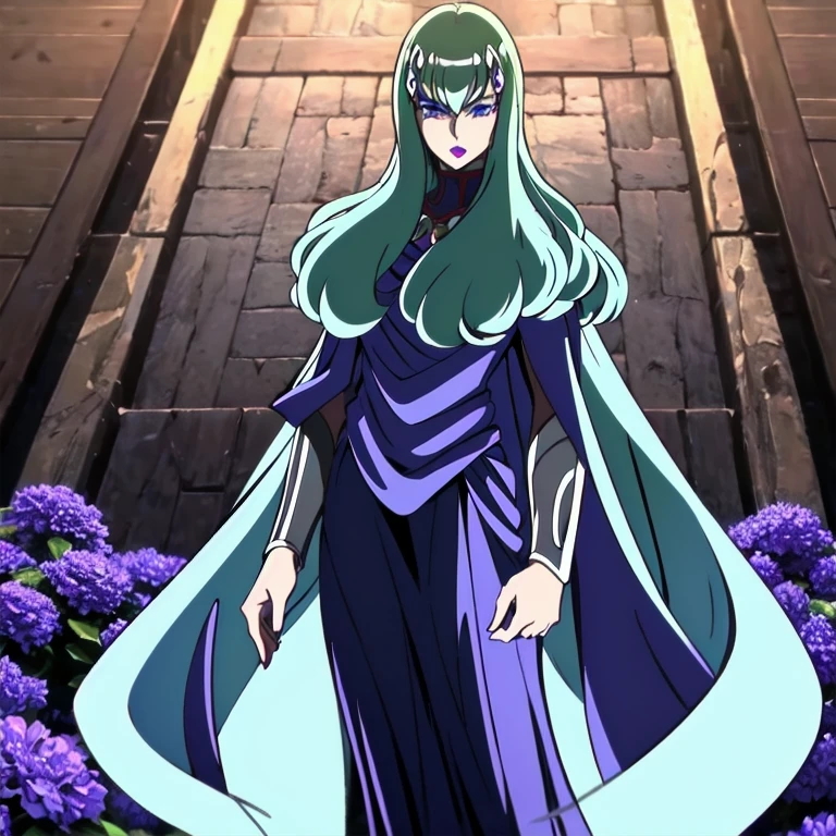 Solo, medea, saint seiya, long hair,green hair, dark lipstick, blue eyes, makeup, cape, violet dress, long skirt, best quality, masterpiece 