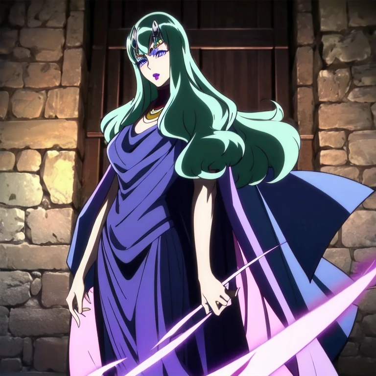 Solo, medea, saint seiya, long hair,green hair, dark lipstick, blue eyes, makeup, cape, violet dress, long skirt, best quality, masterpiece