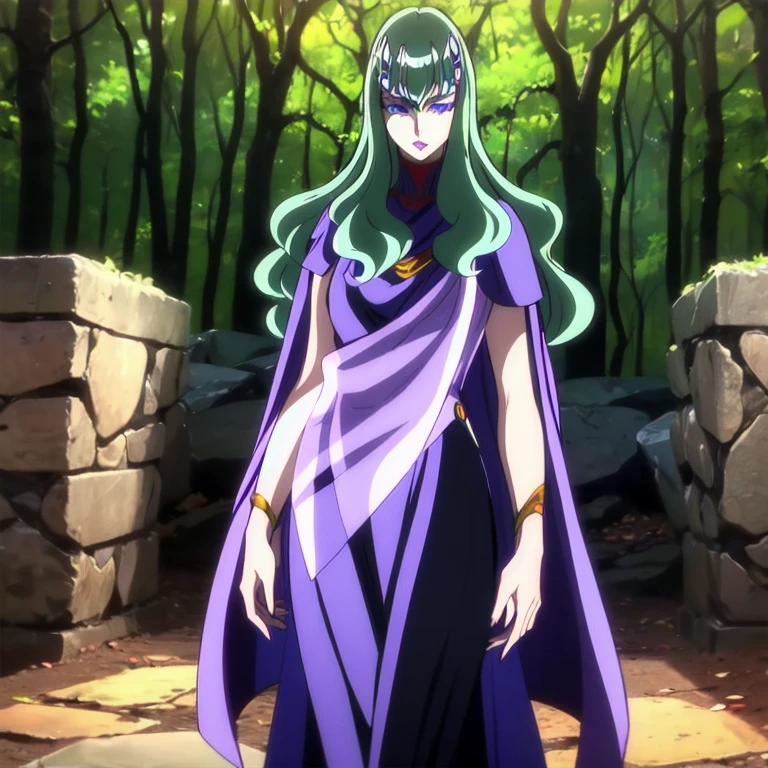 Solo, medea, saint seiya, long hair,green hair, dark lipstick, blue eyes, makeup, cape, violet dress, long skirt, best quality, masterpiece 