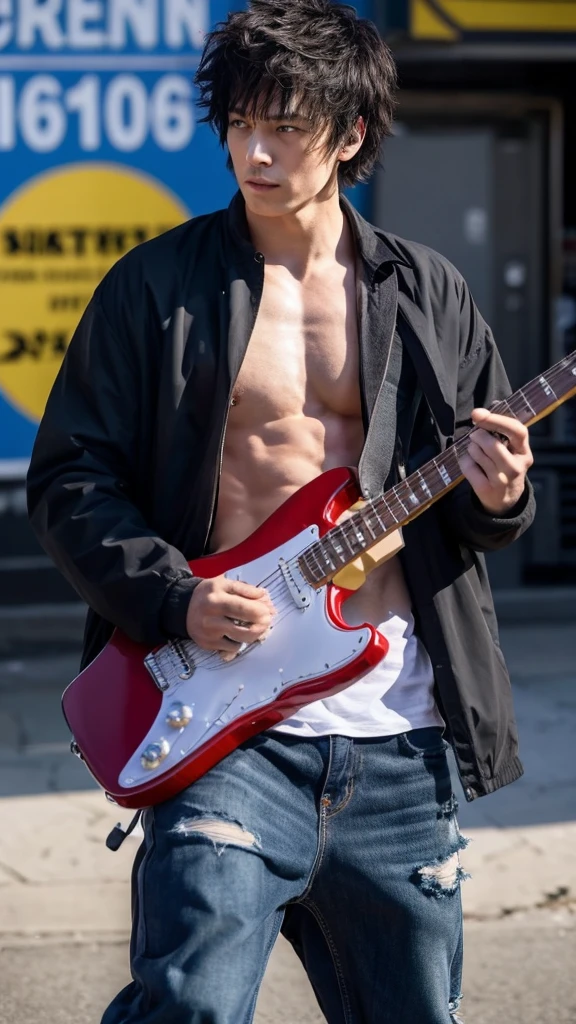 Cold and dangerous man, with Rockstar and punk airs, shirtless with zero definition abs, very similar to sid vicious.playing an electric guitar.