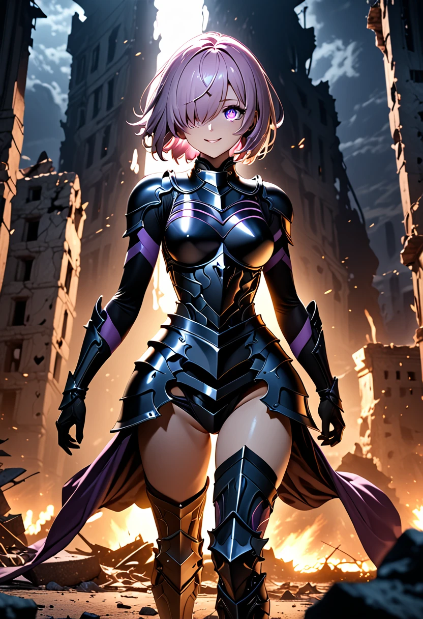 (masterpiece, top quality, best quality, beautiful and aesthetic:1.2), full body, SFW, extremely detailed, detailed face and eyes, cinematic light, depth of field, 1girl, seducing smile, solo, official, (full armored knight:1.4), dark armor, mash kyrielight, light purple hair, short hair, hair over one eye, slim body, cinematic lighting, dramatic lighting, dramatic atmosphere, hyper-realistic, high resolution, stunning contrast, high quality, best quality, 8k, 4k, intricately detailed, (amazing details:1.2), highly detailed skin, powerful presence, vibrant colors, (detailed eyes:1.2), striking eyes, (detailed background), (warzone on background, night, ruins), (dynamic angle:1.2), (dynamic pose:1.2)