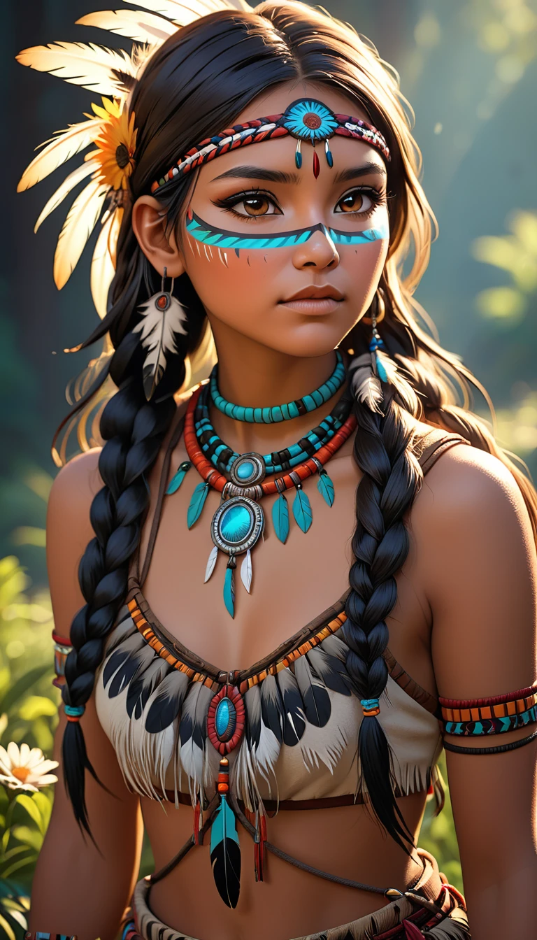One girl,Native American, feather,hair ornaments,jewelry,necklace,Tribal,Head ornament,Bracelet,Face Paint,Braiding,bracelet, Wow_fast_no_Freezing_style, One girl in full growth, 最high quality, masterpiece, Super detailed, high quality, perfect nose, Highly detailed skin, Warm skin tone, Rebellion 512, RAW Photos, 最high quality, High resolution, (masterpiece), dream-like, dream-like, modelshoot style, analog style, Tone Mapping, Realistic, Professional photography, Sharp focus, High resolution, 8K resolution, Exquisite detail, Refined details, Super detailed, (Depth of written boundary), Highlights and Shadows, Volumetric lighting, Cinematic Flowers, Professional Light, View your viewers, Spotted,