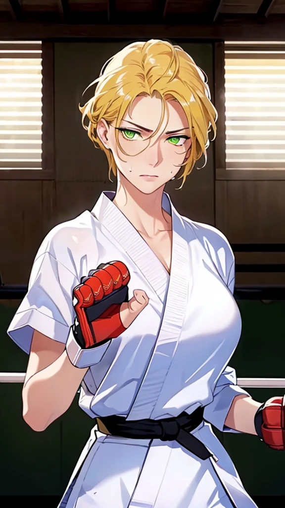 ((((masterpiece, best quality, high resolution)))), Extremely detailed 8K, 1 female, wearing a white Karate gi, (Ultra HD, Ultra-detailed, Highly detailed, Highly realistic, Ultra-realistic, photograph realistic), (1girl:1.5), (Realistic yellow hair), (dynamic poses), facing at camera, looking at viewer, (slightly serious face), (green eyes, sharp eyes), (perky breasts:1.2), (beautiful detailed face, beautiful detailed eyes), ((worn out karate gi)), (preparing for a fight), sweat, glow, (sunbeam, sunlight), ((cowboy shot)), inside a training gym, seductive, EnvyBetterHands LoCon,