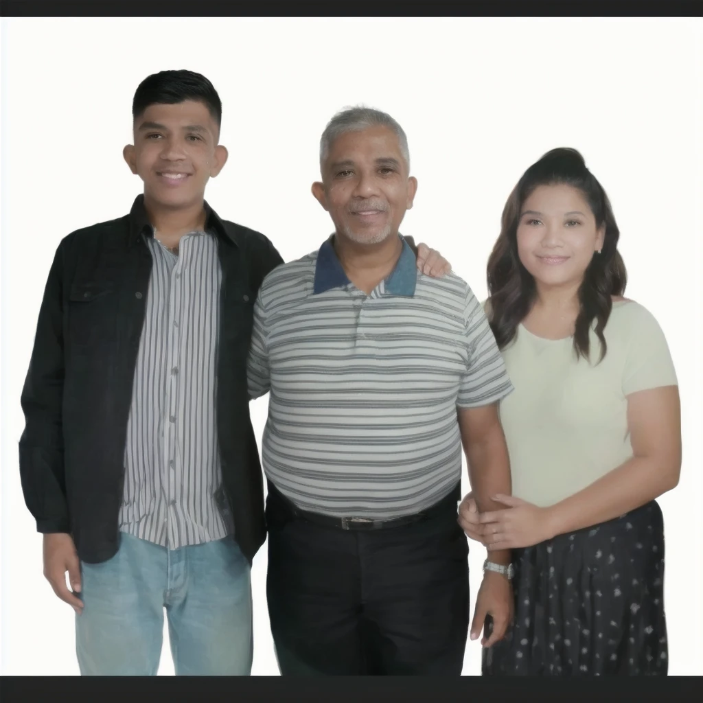 There are three Latin people standing next to each other posing for a photo., realistic photo, scanned photo, happy latin family, photo taken in 2 0 2 0, full body photography, realistic photo, retouched, husband wife and son, full body photography,