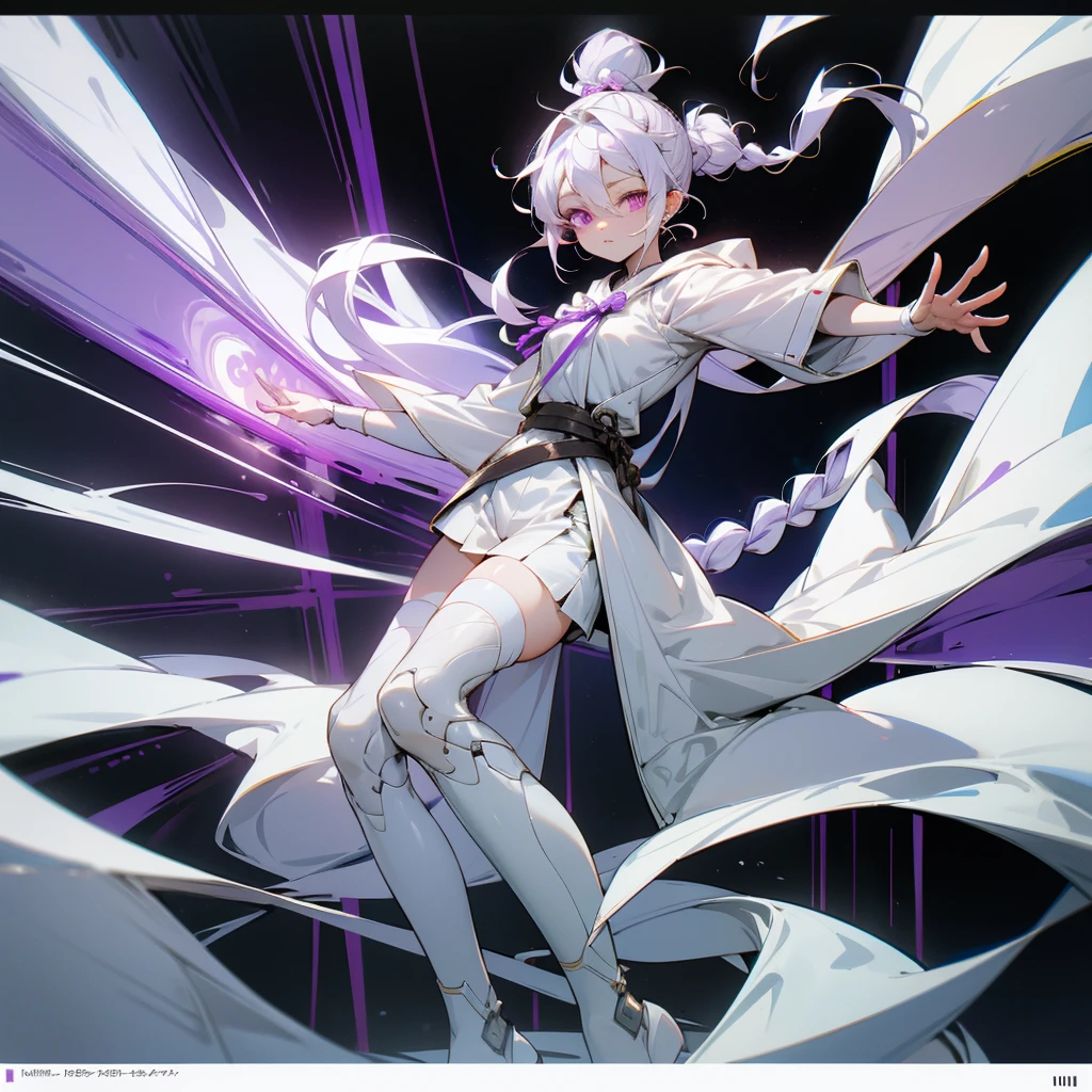 shaman girl with white hair braided in a ponytail on the left side to one side. with a bun. pale violet eyes. in short white shorts. long white T-shirt. white knee-high socks. white long robe with hood. white corridor with stairs, purple lamps