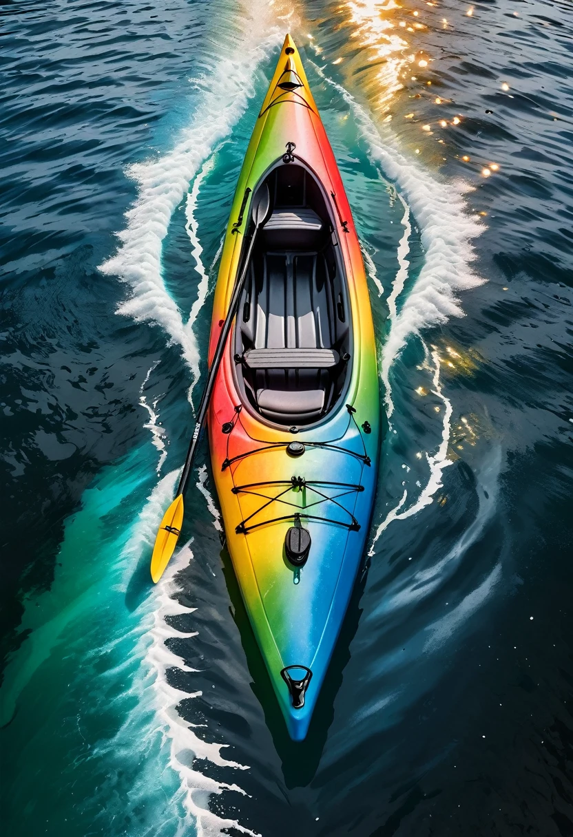 a kayak in the water, in the style of optical color mixing, aerial view, rainbowcore, national geographic photo, 8k resolution, crayon art, interactive artwork