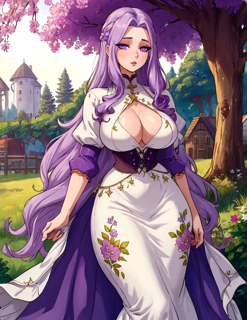 A woman with very long straight light purple hair, beautiful light purple eyes, White skin, Big breasts, thin waist, big hips, granary,  vintage floral dress, under a tree, stardew valley style 