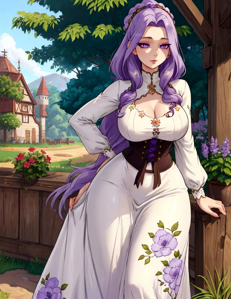 A woman with very long straight light purple hair, beautiful light purple eyes, White skin, Big breasts, thin waist, big hips, granary, vintage floral dress, under a tree, stardew valley style