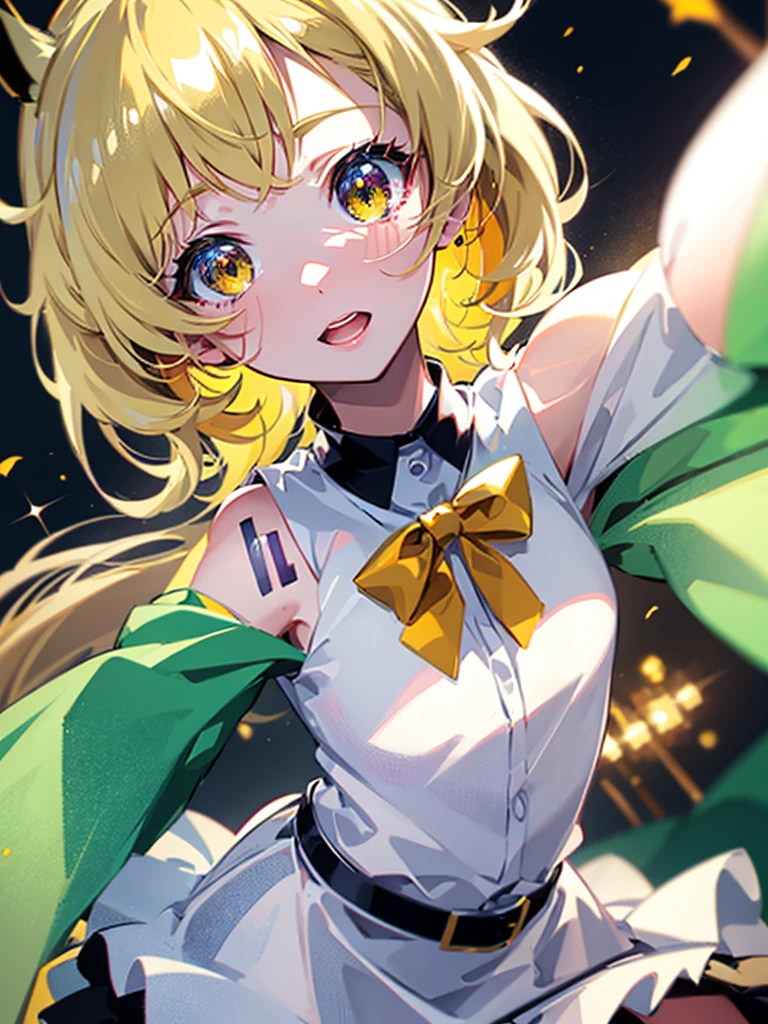 1baby li anime girl, nekomimi, portrait, loli anime girl with short yellow hair, maid outfit, green emerald eyes, close-up face, detailed eyes, detailed hair, emotional lovely happy expression, crystal glowing eyes, cinematic lighting, extremely detailed body, face, clothes, (best quality, 4k, 8k, highres, masterpiece:1.2), ultra HD, very very anime style, bokeh, starry shining lighting, original characters, low angle