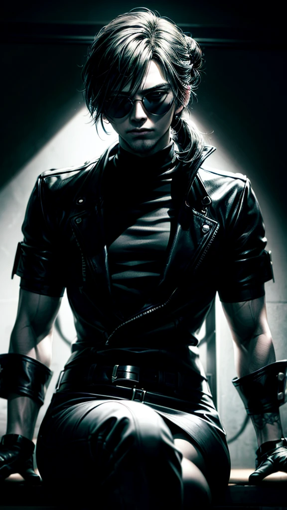 a stylish korean man with long hair tied in bun, wearing black round sunglasses, black leather gloves, dark clothing, sitting on a chair in a dark environment, dynamic point of view, best quality, ultra-detailed, photorealistic, vivid colors, dramatic lighting, chiaroscuro, dark and moody atmosphere, masculine, charismatic, punk style