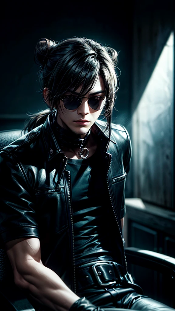 a stylish korean man with long hair tied in bun, wearing black round sunglasses, black leather gloves, dark clothing, sitting on a chair in a dark environment, dynamic point of view, best quality, ultra-detailed, photorealistic, vivid colors, dramatic lighting, chiaroscuro, dark and moody atmosphere, masculine, charismatic, punk style