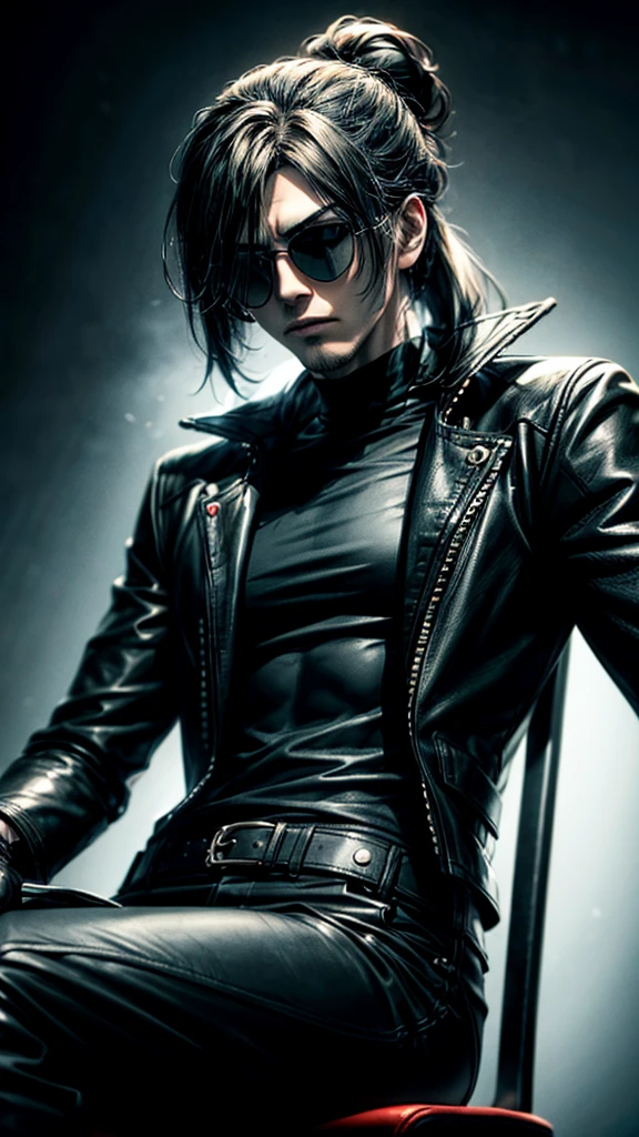 a stylish korean man with long hair tied in bun, wearing black round sunglasses, black leather gloves, dark clothing, sitting on a chair in a dark environment, dynamic point of view, best quality, ultra-detailed, photorealistic, vivid colors, dramatic lighting, chiaroscuro, dark and moody atmosphere, masculine, charismatic, punk style