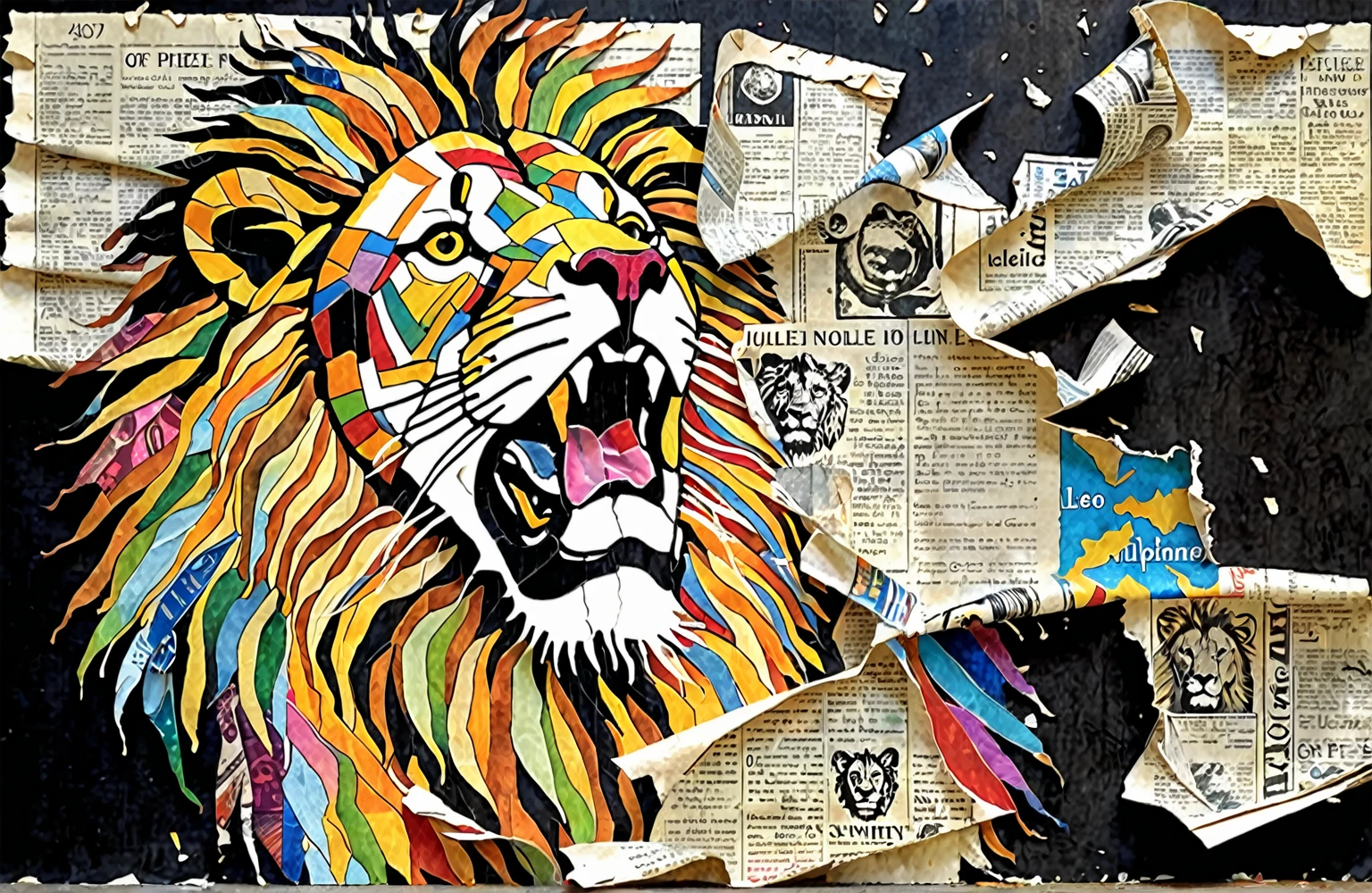 arafed drawing of a lion with a torn piece of newspaper, added detail, inspired by Leo Leuppi, prophetic art, mixed media illustration, by Whitney Sherman, mixed media torn paper collage, full color mixed media painting, torn paper collage, half lion, by Juliette Wytsman, acrylic and spraypaint, inspired by Leo Lionni, inspired by Jerry Pinkney