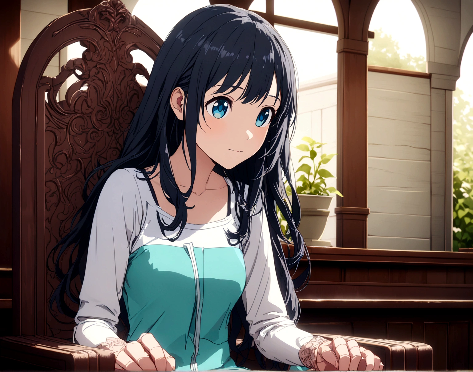 A young girl sitting on a chair in a beautiful park with a water fountain, elegant detailed dress, long hair, photorealistic, highly detailed, vibrant colors, natural lighting, serene atmosphere, 1girl, beautiful ornate chair, lush greenery, manicured garden, intricate architectural details, reflections in the water, soft bokeh background