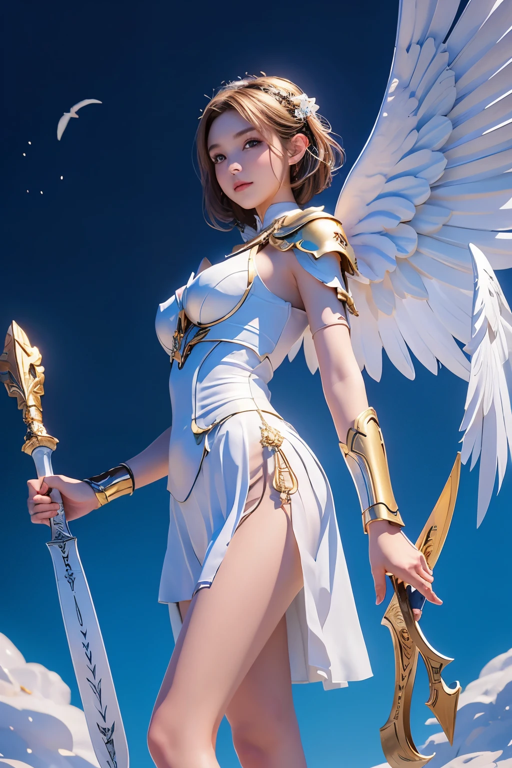 8K, masterpiece, ((angel of justice)),(Reflect the dizzying light on the blade), white feathers, Equipped with golden armor over a white dress,shining eyes,blue sky background, wrap skirt,