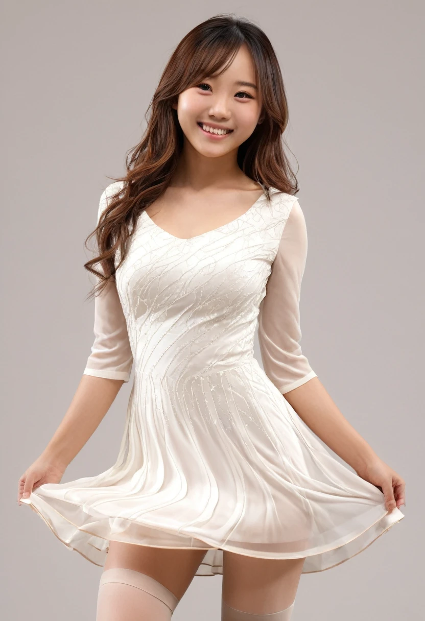 (8K, Photorealistic, RAW Photos, Best image quality: 1.4)masterpiece, ultra high resolution high resolution, high quality, Perfect dynamic composition, ((Pale white dress)), (Light brown super shiny pantyhose),Through the sheath、Wear an evening dress、Beautiful attention to detail,Short dress {Transparent bottom},, Japanese Girls,Huge breasts、Full Body Shot、 8K, 最high quality, masterpiece, Realistic, PhotoRealistic super detail, One Girl, cute, The best smile, Beautiful Eyes, Long Hair, Perfect Face,Full Body Shot、Uplifting、Open your arms