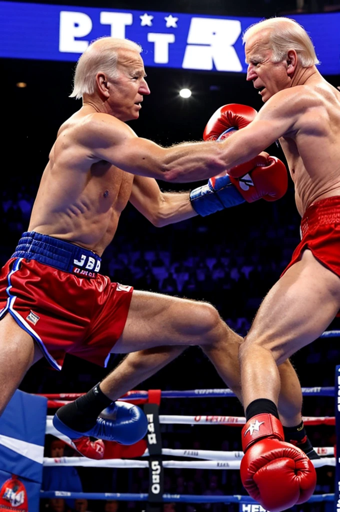 Joe Biden and Donald Trump boxing with trump beating biden