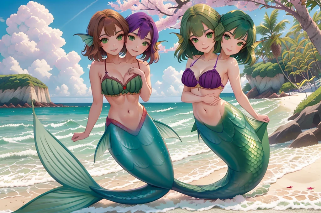 masterpiece, best quality:1.2), 1girl, smile, looking at viewer, green eyes, short brown hair, short green hair, mermaid, mermaid girl, wearing purple seashell bra, laying on beach across the sand, multicolored mermaid tail, outdoors, head fins, fin ears, under cherry blossoms, conjoined, (two heads: 1.5),