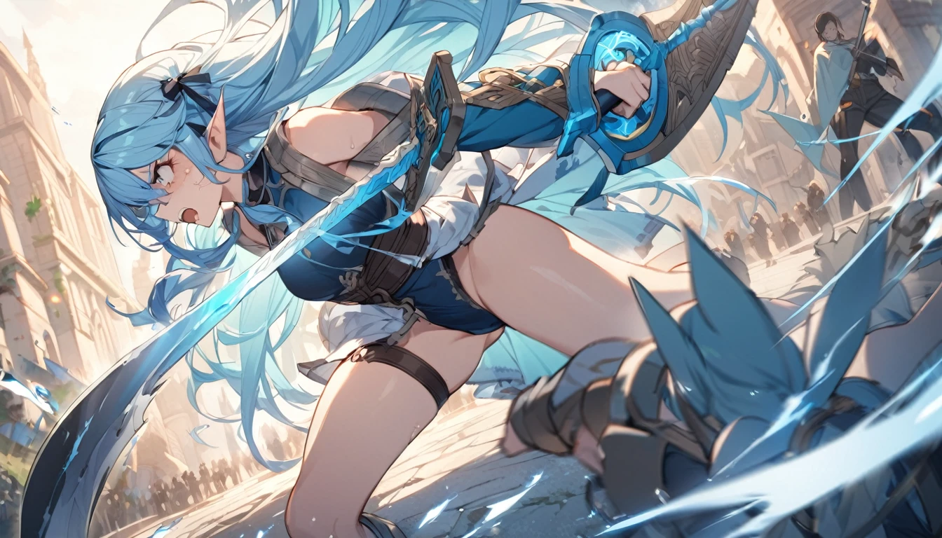 (Highest quality), An elf girl attacks with a large sword,Blue Hair,Different world
