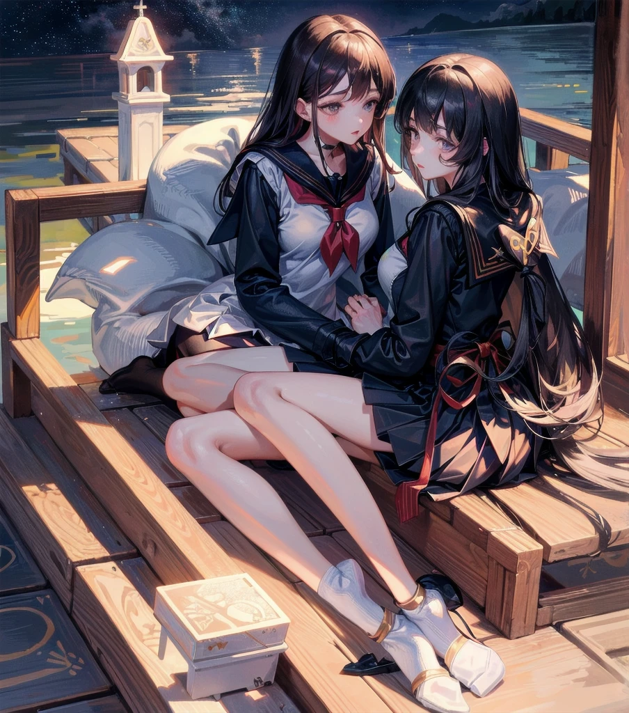 absurdres, RAW photo, extremely delicate and beautiful, masterpiece, Best Quality, ultra high resolution, 32k, hyperrealistic, ultra-detailed, Very detailed CG 8k wallpaper, Beautiful Lighting, Perfect Lightning, Realistic Shadows, perfect anatomy, super Detailed skin, perfect figure, Japanese woman, late 20s, very Slim body, narrow waist, very small head, handsome detailed woman, very detailed eyes and face, realistic face proportions, Stunning detailed eyes, Realistic beautiful face, very small face, Realistic small beautiful eyes, tearful mole, earring, beautiful and very thin legs, beautiful and very thin thighs, very huge round breasts, medium hair, black hair, (full body shot), (2girls:1.5), (yuri:1.5), (sailor uniform:1.5),