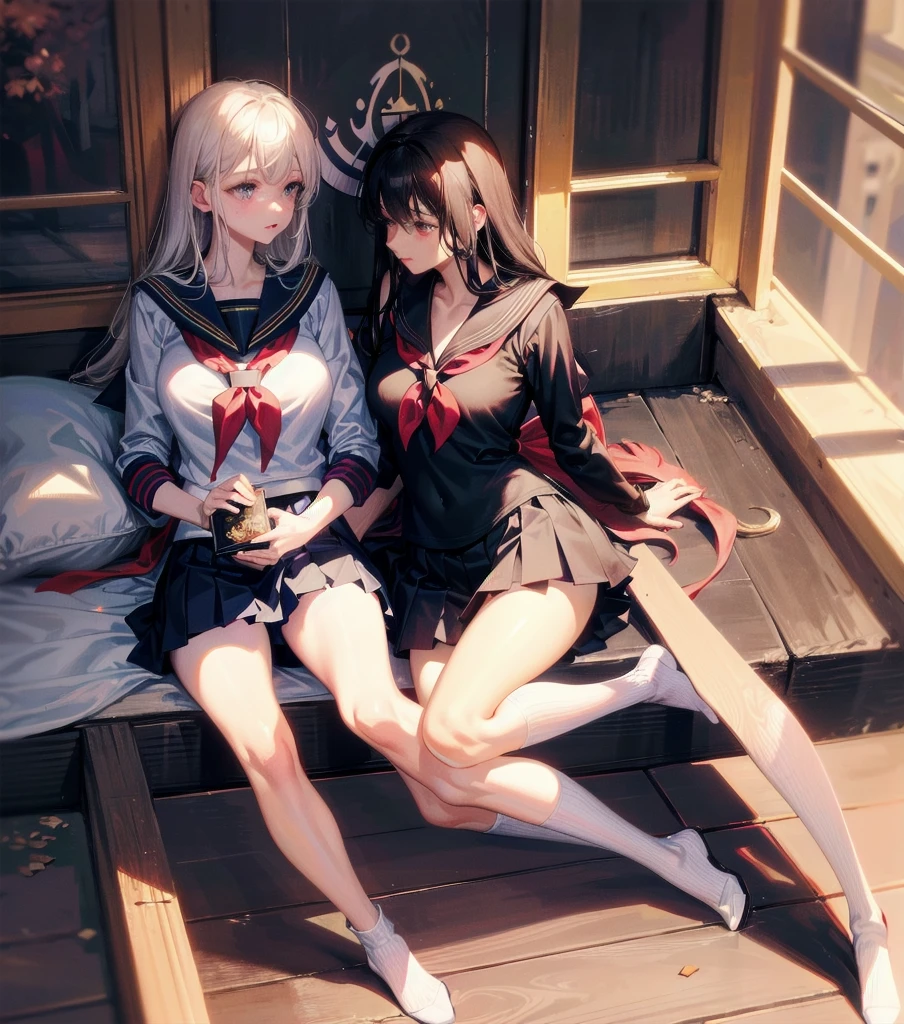 absurdres, RAW photo, extremely delicate and beautiful, masterpiece, Best Quality, ultra high resolution, 32k, hyperrealistic, ultra-detailed, Very detailed CG 8k wallpaper, Beautiful Lighting, Perfect Lightning, Realistic Shadows, perfect anatomy, super Detailed skin, perfect figure, Japanese woman, late 20s, very Slim body, narrow waist, very small head, handsome detailed woman, very detailed eyes and face, realistic face proportions, Stunning detailed eyes, Realistic beautiful face, very small face, Realistic small beautiful eyes, tearful mole, earring, beautiful and very thin legs, beautiful and very thin thighs, very huge round breasts, medium hair, black hair, (full body shot), (2girls:1.5), (yuri:1.5), (sailor uniform:1.5),