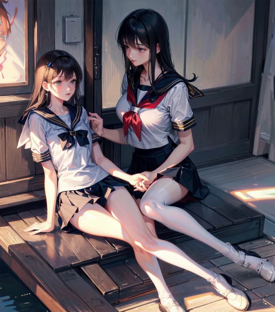 absurdres, RAW photo, extremely delicate and beautiful, masterpiece, Best Quality, ultra high resolution, 32k, hyperrealistic, ultra-detailed, Very detailed CG 8k wallpaper, Beautiful Lighting, Perfect Lightning, Realistic Shadows, perfect anatomy, super Detailed skin, perfect figure, Japanese woman, late 20s, very Slim body, narrow waist, very small head, handsome detailed woman, very detailed eyes and face, realistic face proportions, Stunning detailed eyes, Realistic beautiful face, very small face, Realistic small beautiful eyes, tearful mole, earring, beautiful and very thin legs, beautiful and very thin thighs, very huge round breasts, medium hair, black hair, (full body shot), (2girls:1.5), (yuri:1.5), (sailor uniform:1.5),