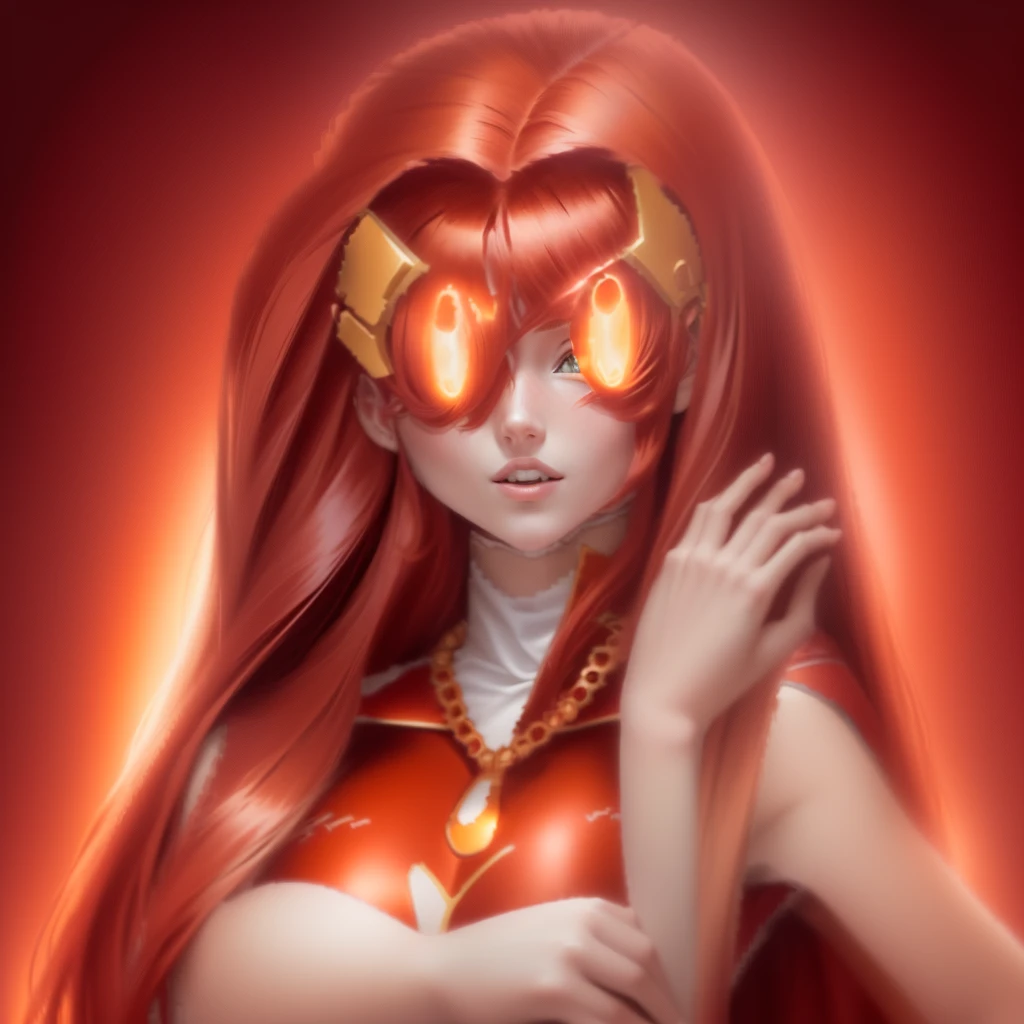 a close up of a cartoon character Long Red Hair, She has long reddish-orange hair, Zodiac Knight Girl, Gainax Anime Style, She has red hair, She has long orange-brown hair, Charming Angel Digimon, Appears as the Goddess of Fire, Long Red Hair, portrait Zodiac Knight Girl, Saiyan Girl, Erza Scarlett as a real person