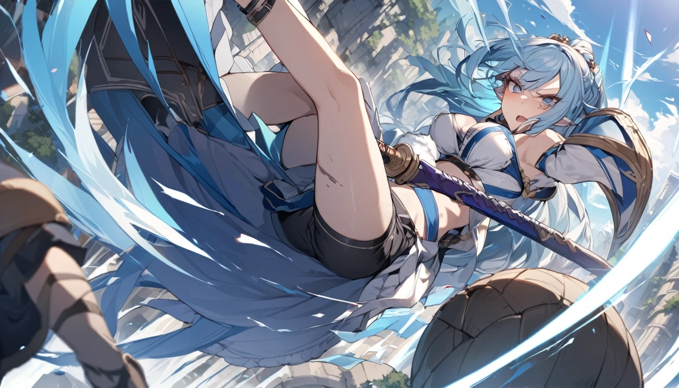 (Highest quality), An elf girl attacks with a large sword,Blue Hair,Different world