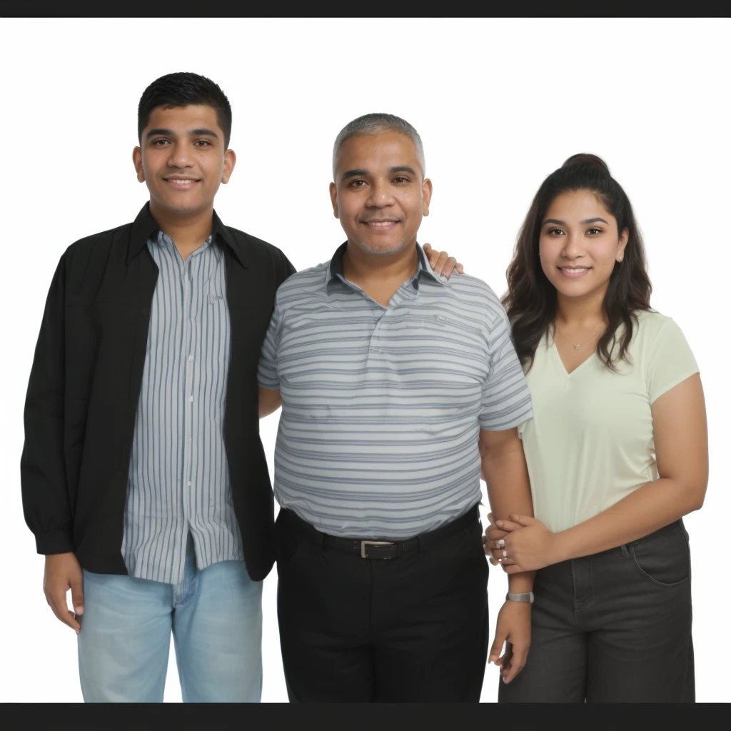 There are three Latin people standing next to each other posing for a photo., realistic photo, scanned photo, happy latin family, photo taken in 2 0 2 0, full body photography, realistic photo, retouched, husband wife and son, full body photography,