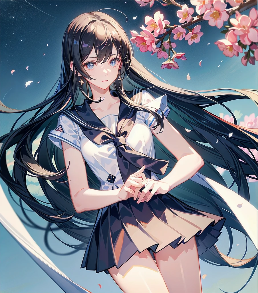 absurdres, RAW photo, extremely delicate and beautiful, masterpiece, Best Quality, ultra high resolution, 32k, hyperrealistic, ultra-detailed, Very detailed CG 8k wallpaper, Beautiful Lighting, Perfect Lightning, Realistic Shadows, perfect anatomy, super Detailed skin, perfect figure, Japanese woman, late 20s, very Slim body, narrow waist, very small head, handsome detailed woman, very detailed eyes and face, realistic face proportions, Stunning detailed eyes, Realistic beautiful face, very small face, Realistic small beautiful eyes, tearful mole, earring, beautiful and very thin legs, beautiful and very thin thighs, very huge round breasts, medium hair, black hair, (full body shot), (2girls:1.5), (yuri:1.5), (sailor uniform:1.5),