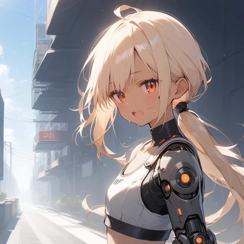 score_9, score_8_up, score_7_up, source_anime, best quality, masterpiece, official art, absurdres, highres, ultra-detailed,waifu2x,Collection: Slice of Life,break,1girl, cyborg girl, crop top cyborg armor, futuristic tech, tomboy, tanned-skinned female, short hair, low ponytail, flat chest, beautiful detailed eyes, sweat, open mouth, (yawn:0.3), sleepily, standing, futuristic city, wind, break,(clear line illustration:1.2),very high resolution, very aesthetic, super detailed skin, Best sexual lighting powered by famous artist, 8k,cute picture,beauty illustration,photoshop_(medium),,(Detailed Lighting),best anime 8k konachan wallpaper, pixiv contest winner,