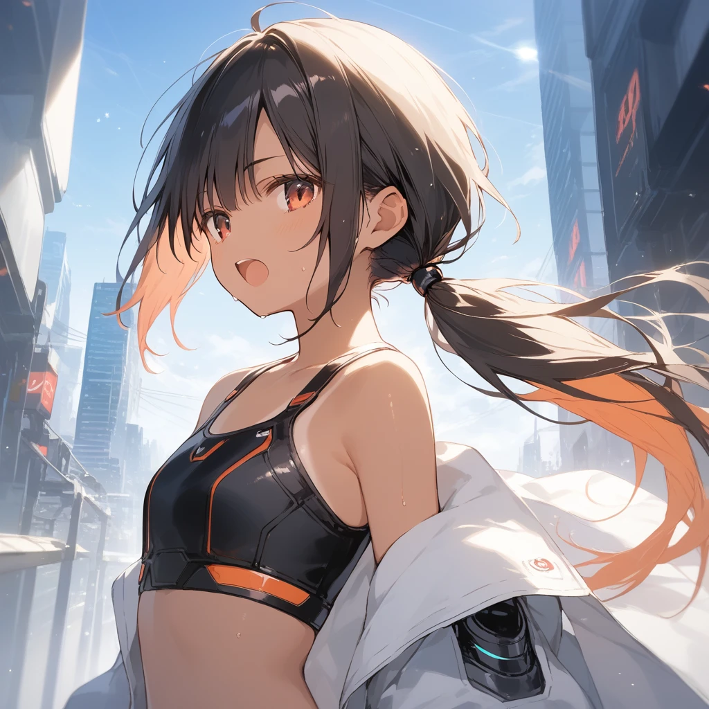 score_9, score_8_up, score_7_up, source_anime, best quality, masterpiece, official art, absurdres, highres, ultra-detailed,waifu2x,Collection: Slice of Life,break,1girl, cyborg girl, crop top cyborg armor, futuristic tech, tomboy, tanned-skinned female, short hair, low ponytail, flat chest, beautiful detailed eyes, sweat, open mouth, (yawn:0.3), sleepily, standing, futuristic city, wind, break,(clear line illustration:1.2),very high resolution, very aesthetic, super detailed skin, Best sexual lighting powered by famous artist, 8k,cute picture,beauty illustration,photoshop_(medium),,(Detailed Lighting),best anime 8k konachan wallpaper, pixiv contest winner,