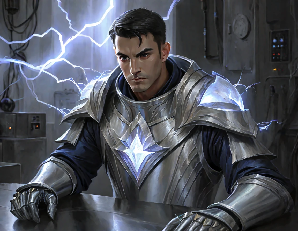 1 Young, focus man , Silver armor , electricity , look elsewhere, The best aesthetics , best quality, Amazing quality, The best aesthetics, nonsense, gloomy