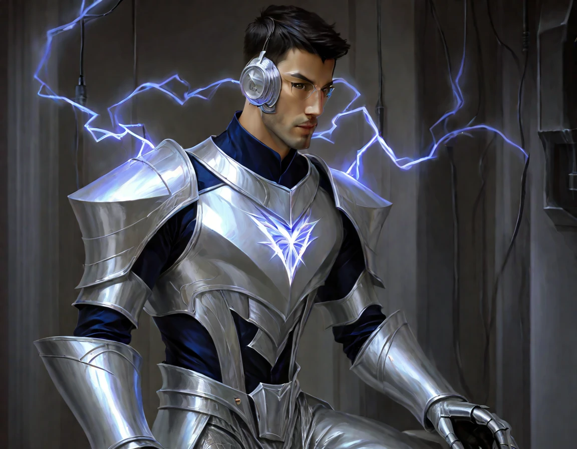 ung, focus man , Silver armor , electricity , look elsewhere, The best aesthetics , best quality, Amazing quality, The best aesthetics, nonsense, gloomy